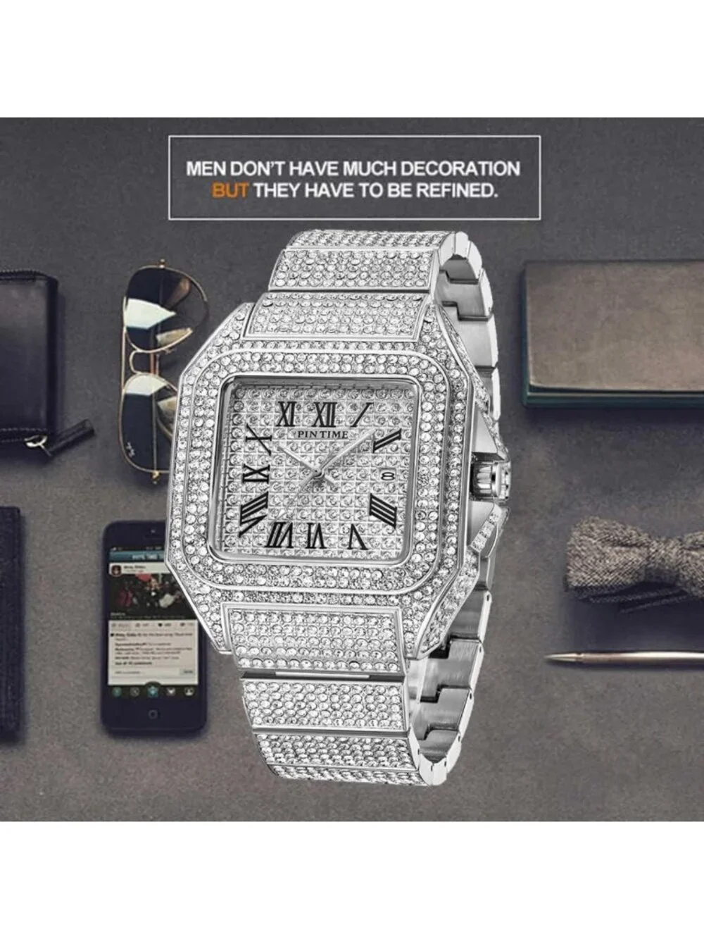 Stylish Hip Hop Men's Bling Crystal Watch | Rectangle Case, Stainless Steel